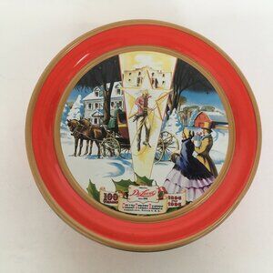 Empty Collin Street Bakery 100 year deluxe fruitcake tin round red winter scene